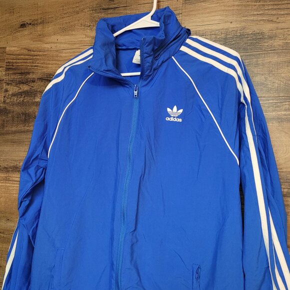 Vtg Adidas Trefoil Packable Hood Windbreaker Track Jacket M Pockets Blue Y2K - Picture 2 of 12
